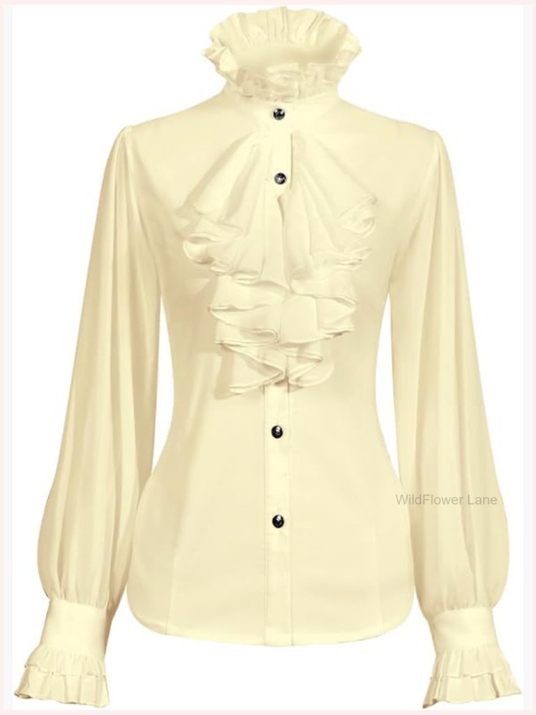 Victorian Long Sleeve Blouse Ruffle Stand Collar Gothic Medieval Tops